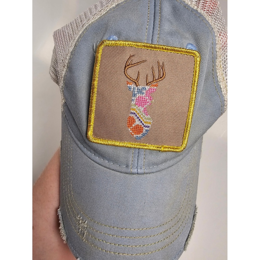 Judith March Deer Patch Trucker Hat Blue Distressed Mesh Snapback Floral Antlers - Picture 2 of 9